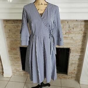 Calvin klein blue & white plaid wrap‎ tiered bell sleeve cotton dress size 6 new